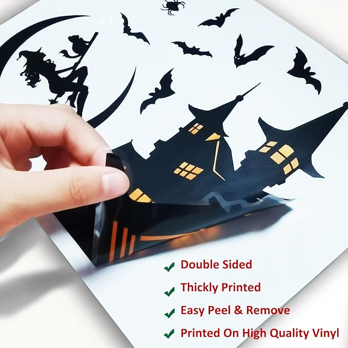 150 Pcs Halloween Window Clings Bats Witches with Cauldron Halloween Window Decoration | Large-Size Double-Side Skeletons Windo Clings Hallowee Party Decoration Reusable & Removable