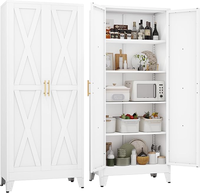 71" H Metal Kitchen Pantry Storage Cabinet, Freestanding Cupboard with 2 Doors and 4 Adjustable Shelves, Standing Storage for Kitchen, Bathroom, Garage, Dinning Room or Utility Room(White)