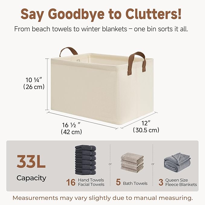 StorageWorks Storage Bins, Shelves Baskets for Organizing, Large Fabric Closet Organizers with Handles, Metal Frame, Beige(Texture), 2-Pack