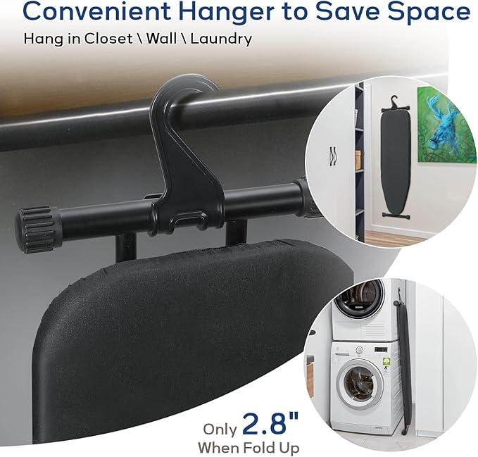 Ironing Board 43x13 with Iron Rest, RAINHOL Compact Iron Board Full Size with Thick Cover and Pad, Easy Storage Hanger with Heat-Resistant Silicone Pad, Space Saving and Height Adjustable, Black