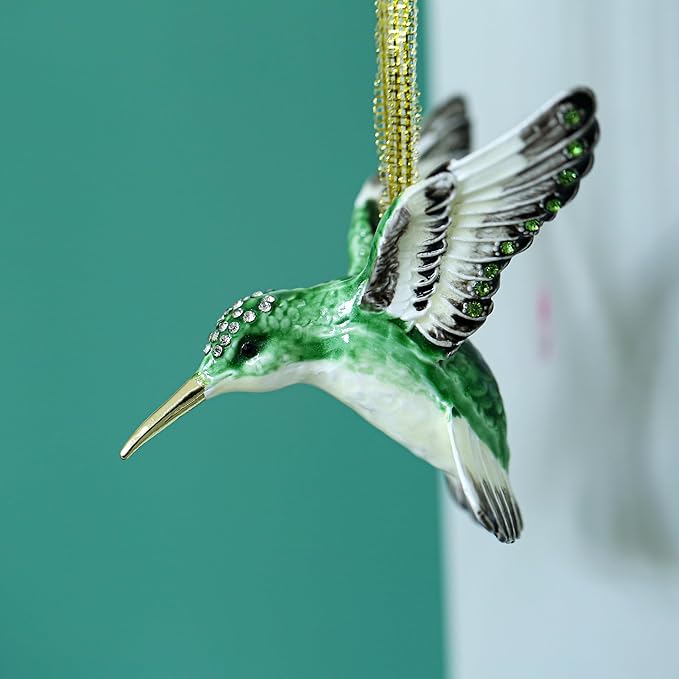 Hand Painted Enamel Hanging Hummingbird Ornament, Elegant Decorative Hanging Ornaments, Christmas Figurine Collectible Keepsake Home Decor, for Christmas Tree, Windows, Satin Ribbon (Hummingbird)