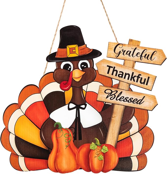 Thanksgiving Decoration Wooden Turkey Pumpkin Door Wreath for Front Door Sign Wall Signs, Thankful Blessed Grateful Pumpkin Sign Hanging for Fall Autumn Harvest Home Halloween Decoration