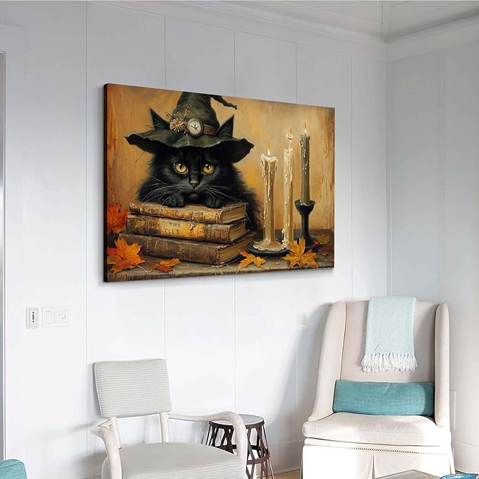 Vintage Halloween wall decoration black cat and magic book suitable for home bedroom living room decoration dark classic art witch wall decoration24x36in Wood Framed
