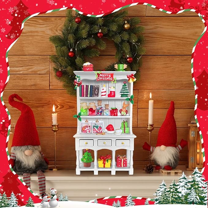 Dollhouse Miniatures Accessories 1/12 Scale, 34pcs White Wooden Bookshelf Furniture Kit - Mini Books&Gift Boxes, Candy Jars, Christmas Tree&hat, Dollhouse Christmas Decorations for Kids