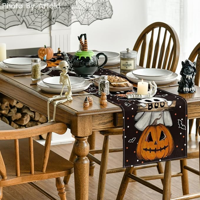 Artoid Mode Polka Dot Ghost Pumpkin Cat Boo Halloween Table Runner, Bat Seasonal Fall Kitchen Dining Table Decoration for Home Party Decor 13x36 Inch