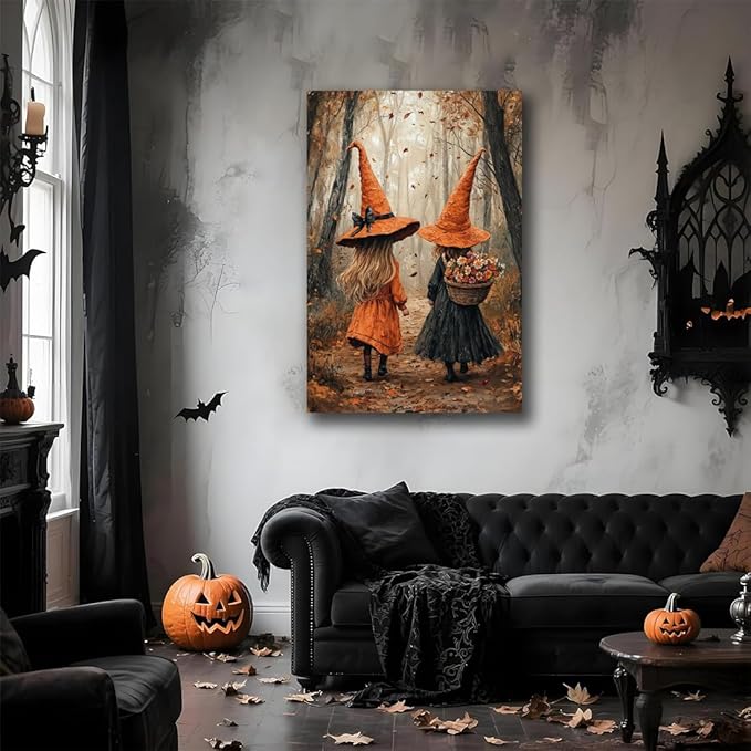 Fall Wall Art Witch Picture Decor,Little Girl Witch Halloween Wall Art, Vintage Autumn Whimsical Woodland Forest Picture, Family Room Nursery Playroom Children Room Decoration,20"x30" Framed