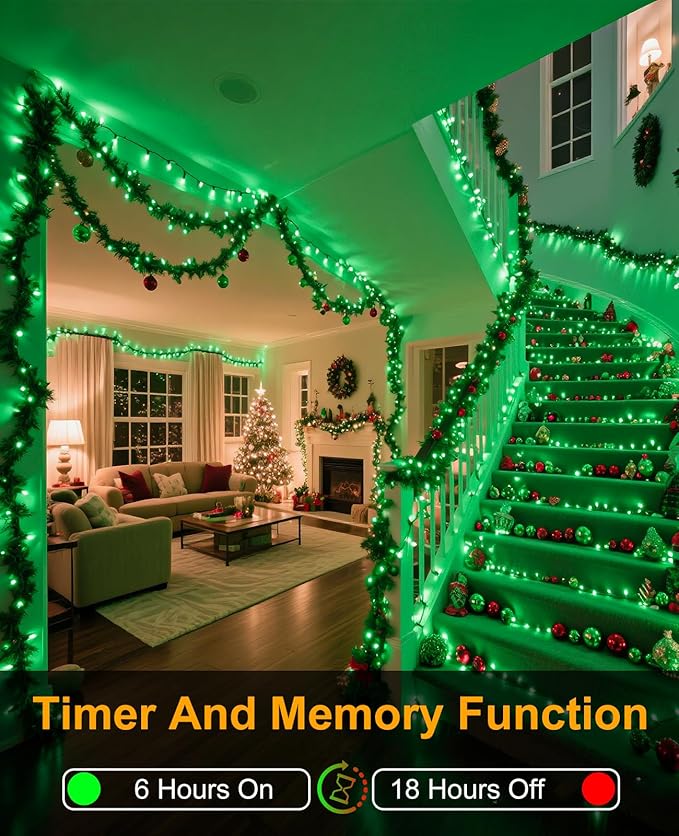 197FT 600 LED Christmas Lights Outdoor, Plug in Christmas Tree Lights 8 Modes, Waterproof Green Wire String Twinkle Lights for Indoor Bedroom House Patio Garden Party Holiday Decorations, Green