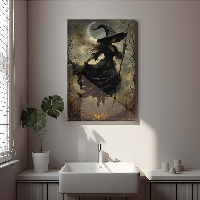 Witch in the Forest Halloween Print Wall Art Poster Witch Decor Vintage Print Dark College Wall Art Victorian Gothic Room Decor Canvas Wall Print28x40in Wood Framed