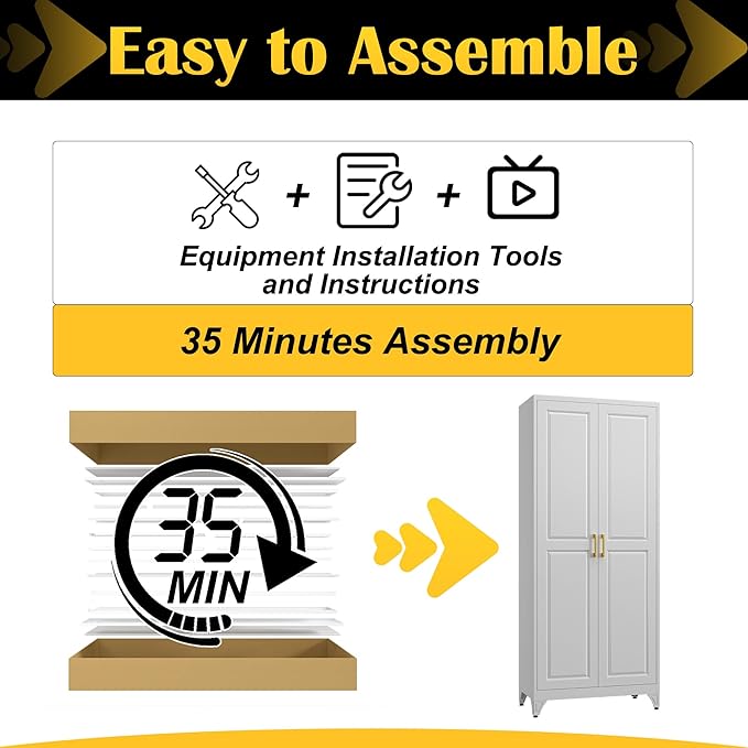 Kitchen Pantry Cabinet,75”White Metal Storage Cabinets with Doors and 4 Adjustable Shelves,Kitchen Cabinet with 2 Gold Handles,Tall Cabinet for Livingroom,Pantry, Bathroom