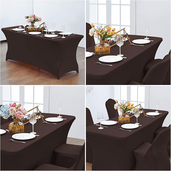 CWK 4FT Waterproof Stretch Spandex Table Cover for Rectangular Tables - Elastic Fitted Tablecloth for Folding Tables,Wrinkle Resistant Table Cloth for Parties, Weddings, Banquets & Events (Coffee)