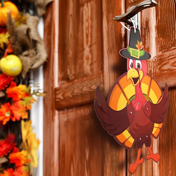 4 Pcs Thanksgiving Fall Harvest Decorations 18 in Turkey Scarecrow Wall Window Home Door Decoration Autumn Hanging Ornament Cutouts Thanksgiving Sign Jointed Figures Pilgrim Decor with Ribbon