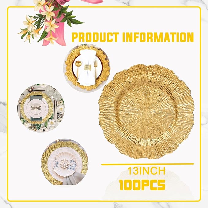 100 Pcs Charger Plates Bulk 13 Inch/Gold Charger Plate 13 in Round Matte Reef Plate Charger Ruffled Rim Dinner Charger Hollow out Flower Holde (100)
