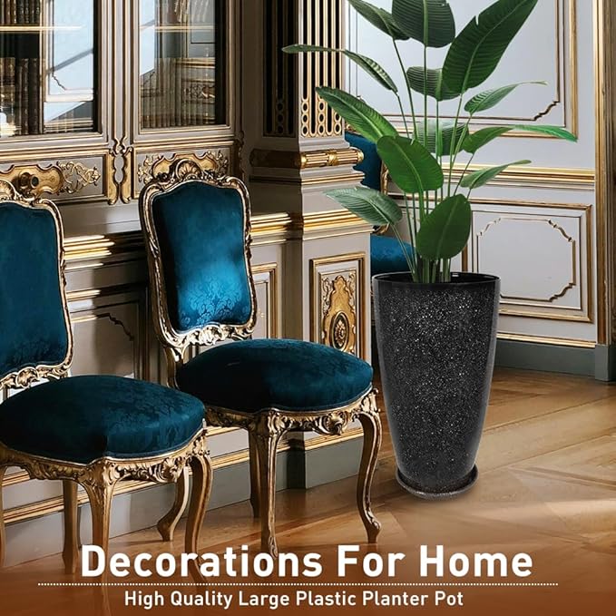 2 Pcs Pack 21 Inches Plastic Resin Tall Tapered Planter Pots Large Round Planter Flower Pot with Drainage Holes for Indoor Outdoor Deck Porch Garden Home Patio Front Door (Black, L)