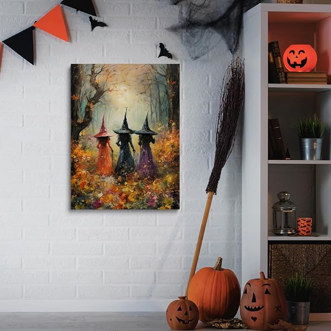 Generic Halloween wall art Posters,Beautiful witches coven amongst the wildflowers art print witches in the woods mystical Witchy Farmhouse Prints,Dark Academia Gothic Room Decor 12x16in Unframed