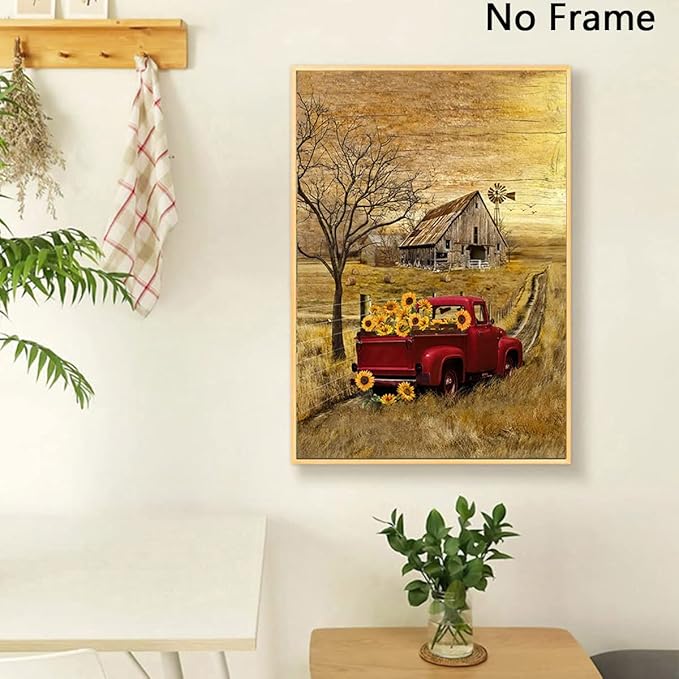 Barn Prints Farmhouse Old Barn Vintage Farmhouse Canvas Wall Art Red Truck Wall Art Old Truck Red Canvas House Pictures Wall Decor Old Barn Sunflower Pictures 16x24inch No Frame