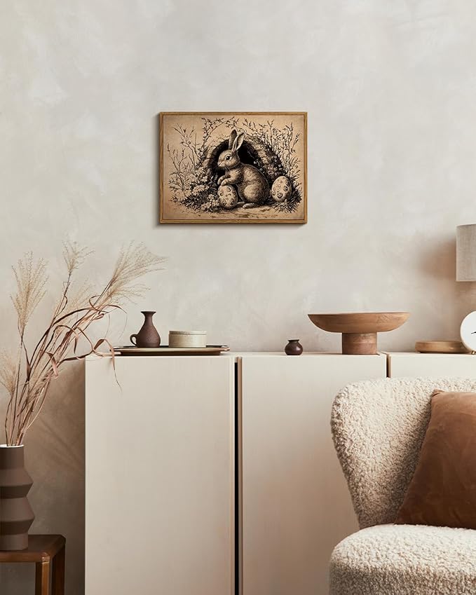VIYYIEA Framed Wall Art for Living Room, Easter Bunny Egg Canvas Prints, Vintage Home Decor, Rabbits Painting Picture, Bathroom Wall Decor Gifts for Friends or Family -【Easter Collector】-(16L x 12W)