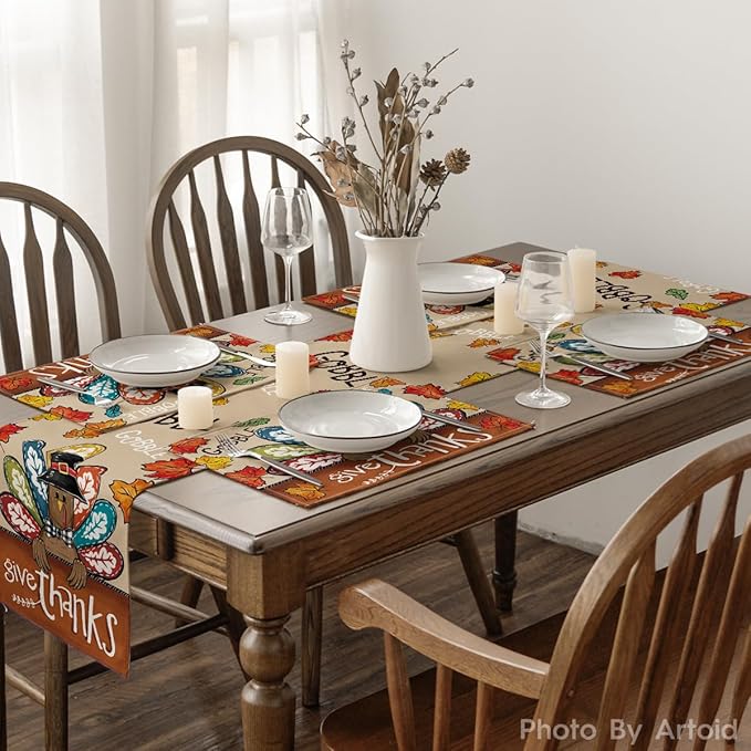 Artoid Mode Turkey Give Thanks Thanksgiving Placemats Set of 6, 12x18 Inch Seasonal Table Mats for Party Kitchen Dining Decoration