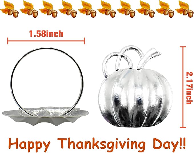 Halatool Set of 12 Thanksgiving Napkin Rings- Fall Harvest Rustic Pumpkin Napkin Holder, Alloy Dinner Tables Napkin Ring Decoration for Thanksgiving Halloween Holidays Gathering Party (Silver)