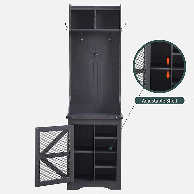 JXQTLINGMU 23" Farmhouse Hall Tree with Shoe Storage, Entryway Bench with 6 Cubbies, 5 Hooks & Barn Doors, Mudroom Coat Rack Cabinet, Black