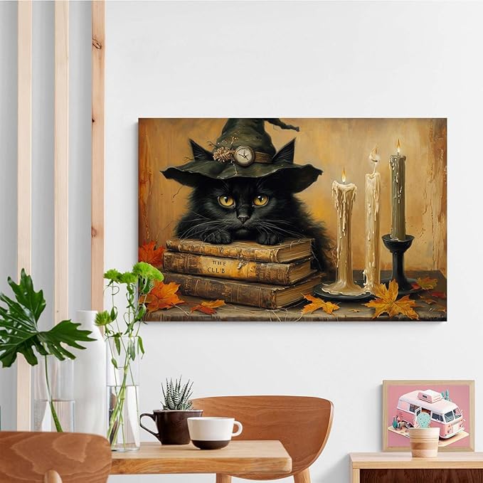 Vintage Halloween wall decoration black cat and magic book suitable for home bedroom living room decoration dark classic art witch wall decoration24x36in Wood Framed