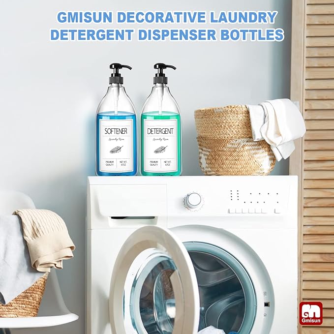 GMISUN Laundry Detergent Dispenser, 2 Pack Liquid Laundry Soap Dispenser, 64oz Storage Container for Farmhouse Laundry Room Decor, Liquid Bottle Organizer for Detergent/Softener/Bleach