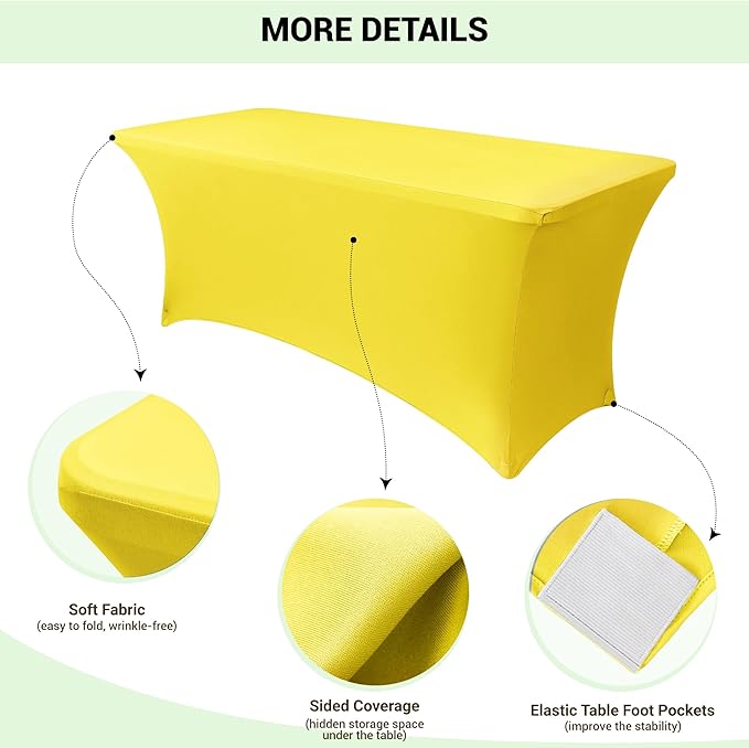 Obstal 6ft Stretch Spandex Table Cover for Standard Folding Tables - Universal Rectangular Fitted Tablecloth Protector for Lemonade Stand, Wedding, Banquet & Party, 72L x 30W x 30H Inches, Yellow, 2pc