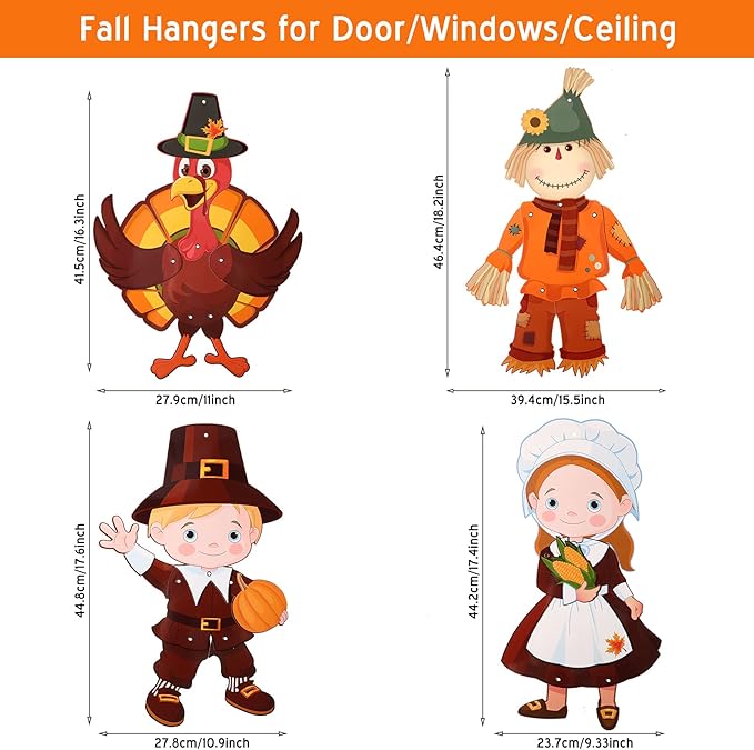 4 Pcs Thanksgiving Fall Harvest Decorations 18 in Turkey Scarecrow Wall Window Home Door Decoration Autumn Hanging Ornament Cutouts Thanksgiving Sign Jointed Figures Pilgrim Decor with Ribbon