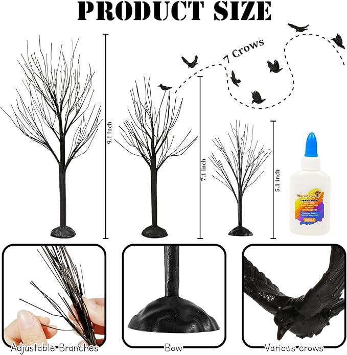 Warmtree 6 Pcs Halloween Village Trees Mini Decor Tree Artificial Tabletop Branch Trees, Halloween Village Accessories with Crows Figurine for Holiday Home Garden Office Festival Decor