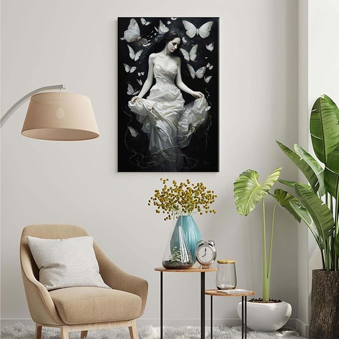 Vintage Gothic Feminine Canvas Wall Art Print Butterfly Poster Moody Preppy Wall Art Dark College Decor for Home Bedroom20x30in Wood Framed