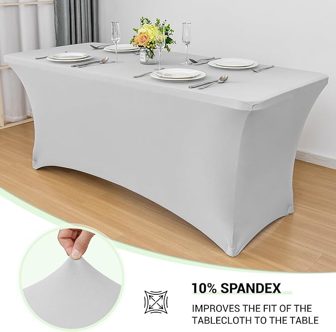 Obstal 8Ft Stretch Spandex Table Cover for Standard Folding Tables - 2 Pack Universal Rectangular Fitted Tablecloth for Party, Banquet, Events, Trade Show (Silver, 96L x 30W x 30H Inches)