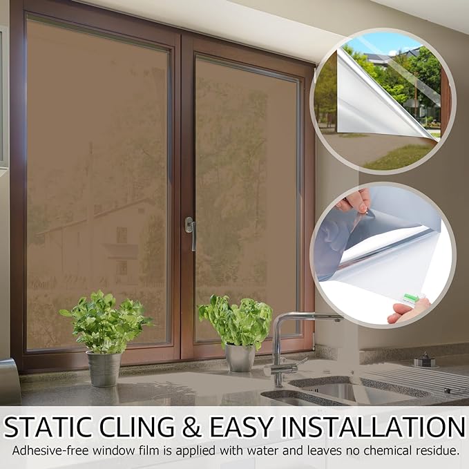 HIDBEA One Way Mirror Window Film, Daytime Privacy Sun Blocking Reflective Window Film Static Cling Heat Control Window Tinting Film for Home and Office, Brown Silver, 35.4 x 98.4 Inch