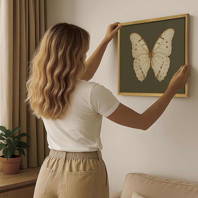 Wood Framed White Butterfly Wall Art, Vintage Butterfly Oil Paintings, Dark Moody Insect Canvas Prints, Boho Sage Green Wall Decor, for Bedroom Kitchen Bathroom Cottagecore Room Decor - 12x16 Inch