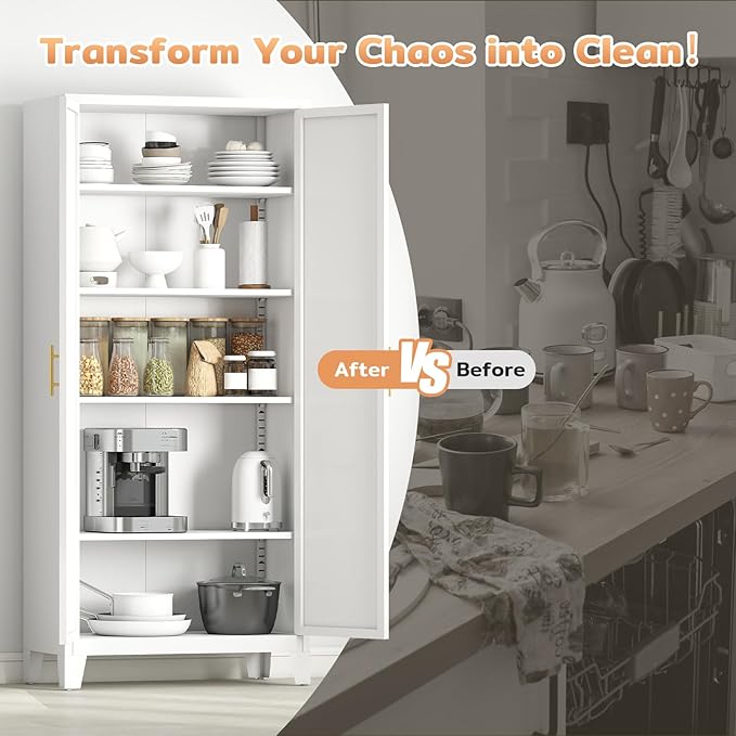 70.87" H Metal Kitchen Pantry Cabinet, Freestanding Cupboard with 2 Doors and 4 Adjustable Shelves, Tall Metal Storage Cabinet for Kitchen, Bathroom, Dinning Room or Laundry Room (White)