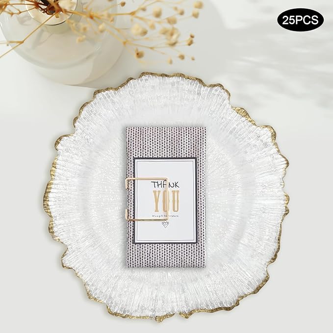 Charger Plates Set 12.6'' Round Embossed Dinner Plate Chargers Plastic Elegant Floral Plates for Dinner Wedding Party Event Table Kitchen Decoration 25Pcs (Gold-25Pcs)