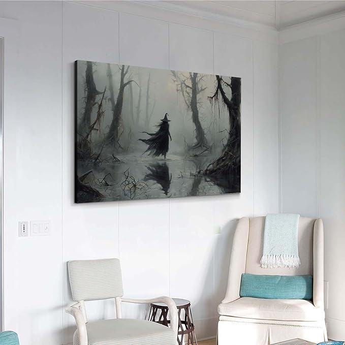 Vintage rustic swamp witch poster dark moody wall art gothic horror season halloween print for home decor retro dark moody painting28x40in Wood Framed