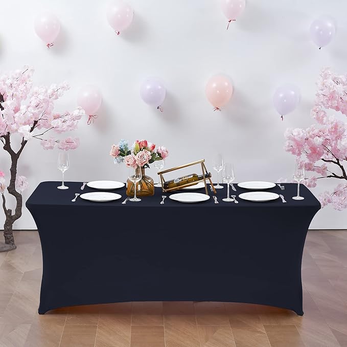 CWK 8FT Waterproof Stretch Spandex Table Cover for Rectangular Tables - Elastic Fitted Tablecloth for Folding Tables,Wrinkle Resistant Table Cloth for Parties, Weddings, Banquets & Events (Navy Blue)