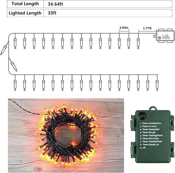 BrizLabs Orange Halloween Lights, 33ft 100 LED Battery Halloween Lights, 8 Modes Orange String Light with Timer, Indoor Outdoor Battery Light String for Party Xmas Thanksgiving Bedroom Patio Decor