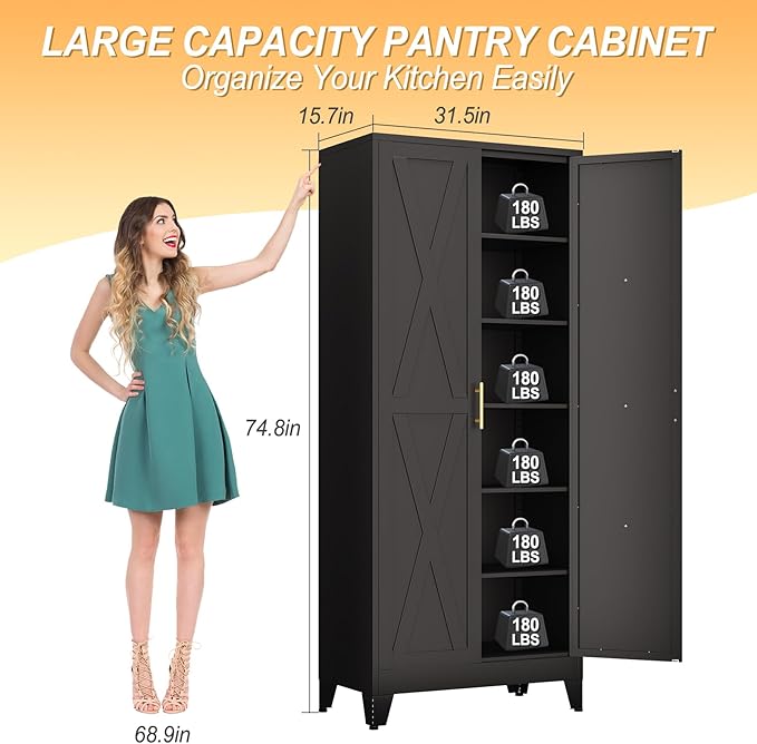 75" Tall Metal Kitchen Pantry Storage Cabinet, Freestanding Cupboard with 2 Doors and 5 Adjustable Shelves, Standing Storage for Kitchen, Bathroom, Garage, Dinning Room or Utility Room(Black)