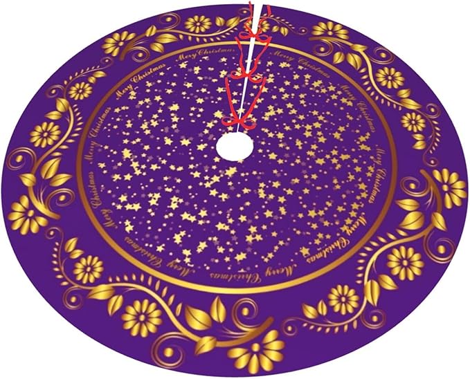 48" Large Christmas Tree Skirt, Elegant Modern Purple Gold Pattern Tree Mat Base Cover for Xmas Festive Holiday Party Decoration Ornaments