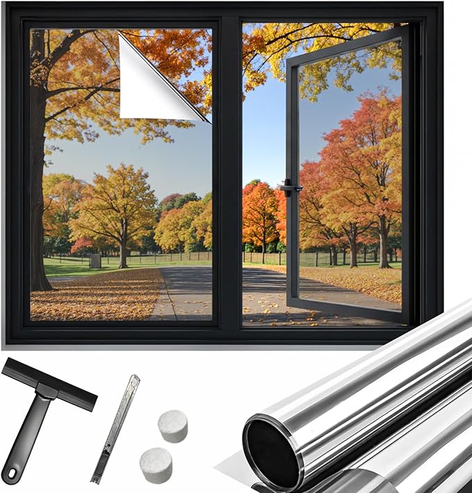 DUOFIRE One Way Window Film Privacy See Out Not in Heat Blocker Window Tint Reflective Mirror Windows Tinting Film for Home Static Cling Anti-UV Sun Blocking Windows Covering(Silver, 45.2x78.7in)