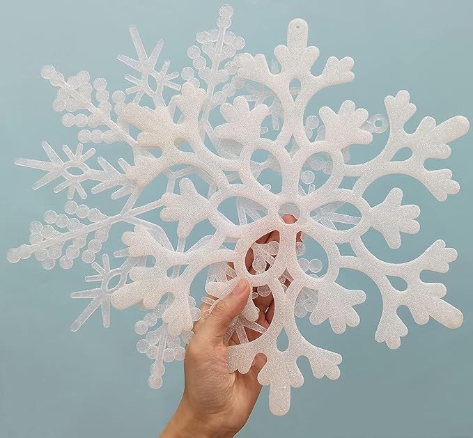 12pcs Large Christmas Snowflakes Decorations, 12" Big Plastic Glitter White Snowflake Ornaments for Winter Indoor Outdoor Christmas Tree Holiday Window Room Decor Craft Snowflakes