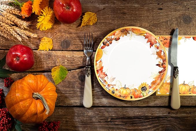 150Pcs Fall Paper Plates and Napkins Party Supplies Autumn Thanksgiving Disposable Plates Napkin Watercolor Maple Leaves Tableware Set for Fall Decor Thanksgiving Party Supplies,Serve 50 Guests