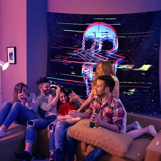 ADDWel Blacklight Skull Tapestry, Black Psychedelic Tapestry Glow In The Dark, UV Reactive Black Light Tapestries Posters Wall Hanging for Bedroom Living Room Dorm Party Backdrop Decor(60 * 80inches)