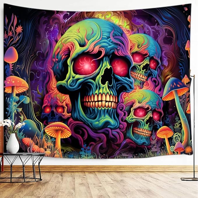 Xiaoput Skull Blacklight Tapestry, UV Reactive Skeleton for Bedroom, Halloween Wall Decor, Aesthetic Living Room Dorm 80x60IN