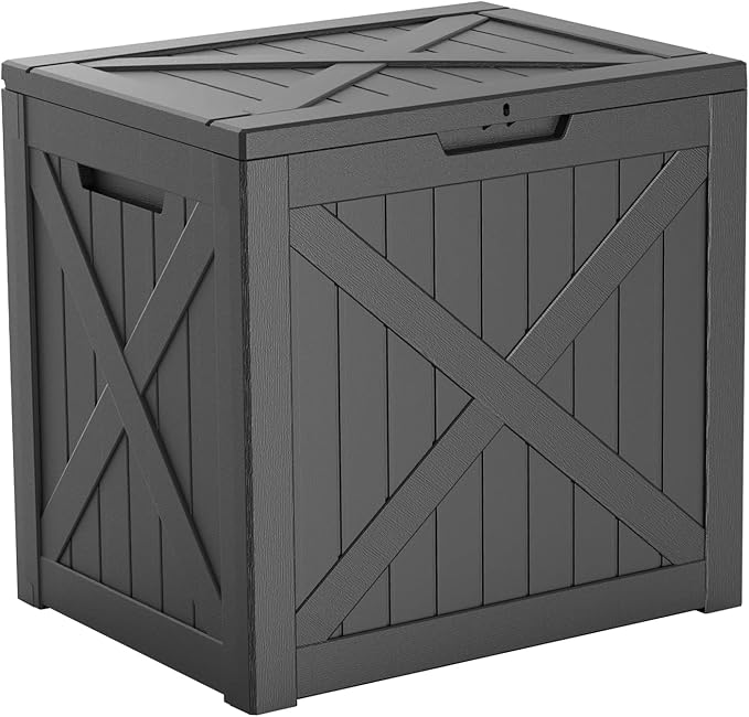 Vixzen 32 Gallon Resin Deck Box - Lockable Outdoor Storage for Patio Cushions, Garden Tools, Pool Supplies,Black