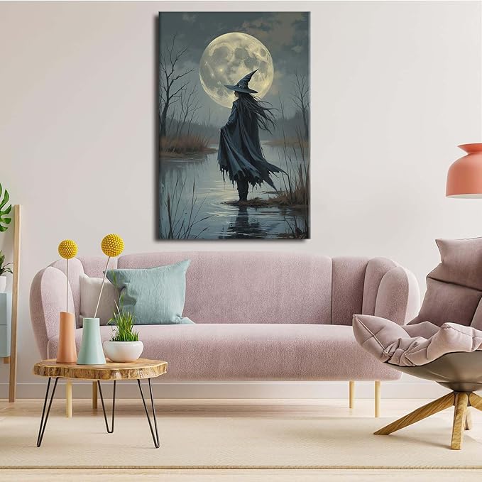 Witch in the moonlight magic canvas wall art enchanting Halloween home decor swamp witch silhouette oil painting mysterious gothic aesthetic wall decor print poster12x16in Wood Framed