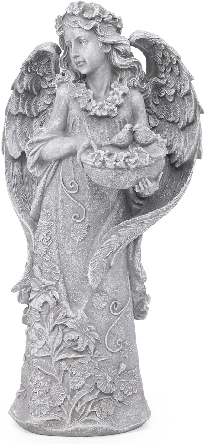 Outdoor Statues Angel Décor Garden Statue- 23.5" H Angel Statue,Resin Angel with Bird Figurine, Ideal for Yard, Patio, Deck, Home Entryway, and Hallway(Grey)