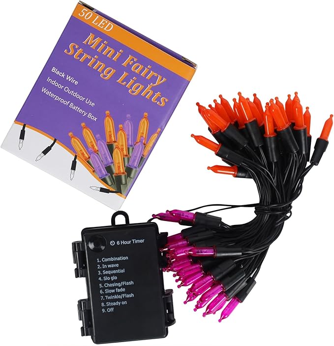 WATERGLIDE 50 LED Outdoor Halloween Lights, 16 FT Mini String Light with 8 Modes, Waterproof Battery Operated Tree Lights for Indoor Outdoor Patio Garden Party Wedding Decoration, Orange & Purple