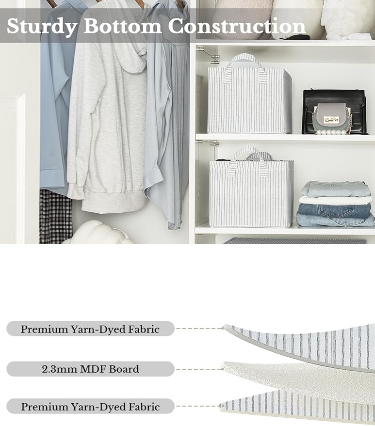 StorageWorks Storage Bins, Fabric Storage Bins for Shelves, Storage Baskets with Metal Frame, Closet Baskets and Bins with Handles, Gray and White Stripes, 2-Pack