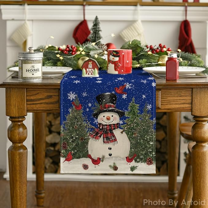 Artoid Mode Snowman Birds Trees Christmas Table Runner, Seasonal Blue Winter Holiday Kitchen Dining Table Decoration for Indoor Outdoor Home Party Decor 13 x 108 Inch